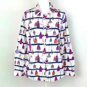 Talbots Women L Button Blouse Tassel Novelty Print On White Lightweight Cotton